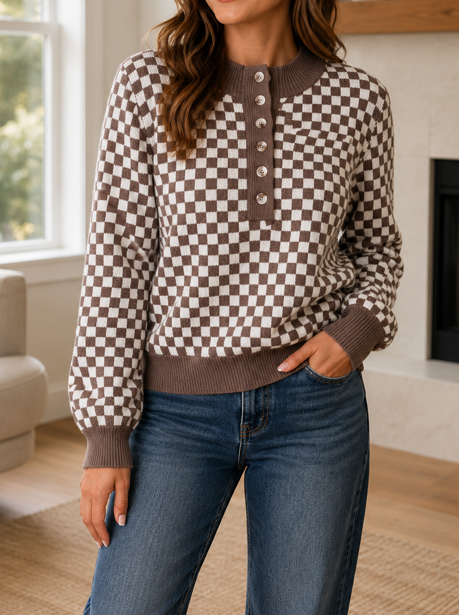 Brown Checkered Knit Sweater