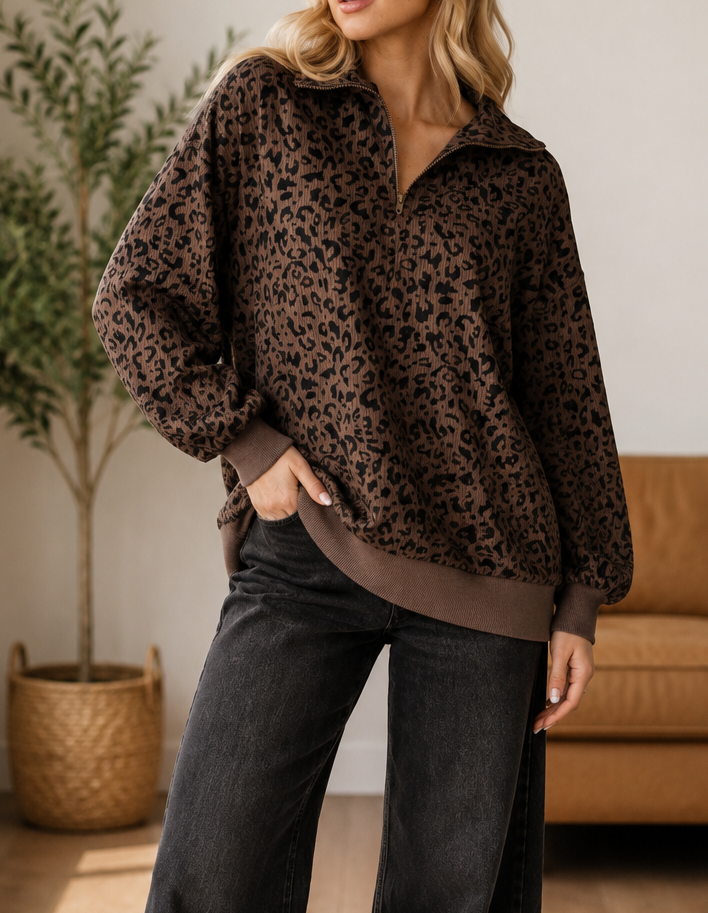 Leopard Corduroy Half Zip Pullover