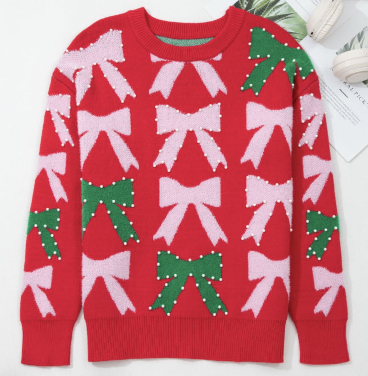 Bow Pearl Christmas Sweater
