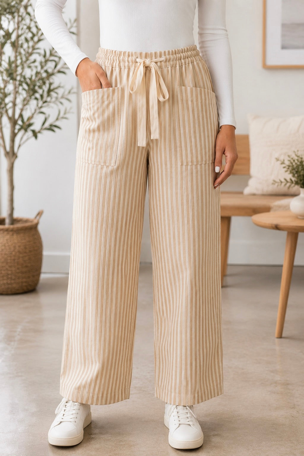 Apricot Stripe Ribbon Pants