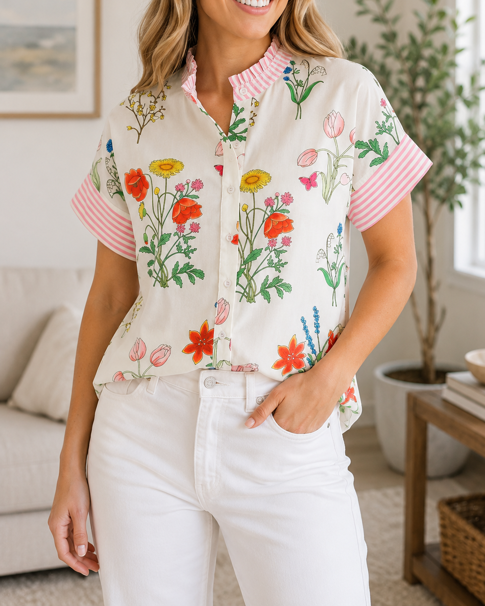 Beige Floral Ruffled Shirt