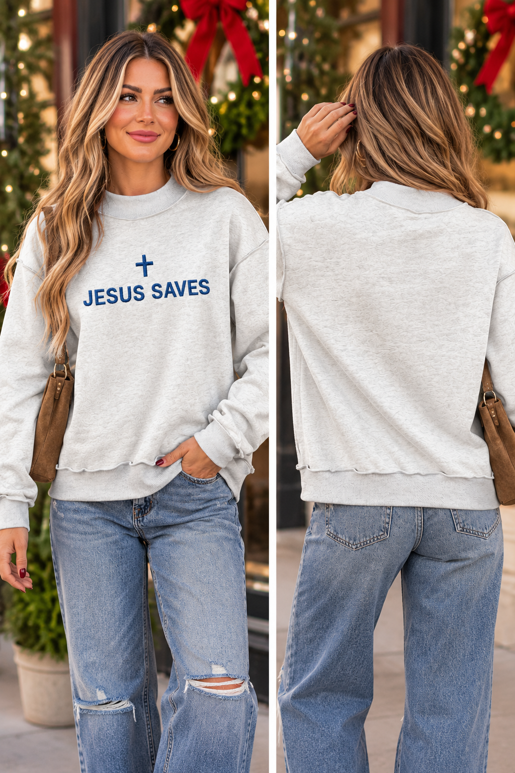 Grey JESUS SAVES Embroidered Sweatshirt