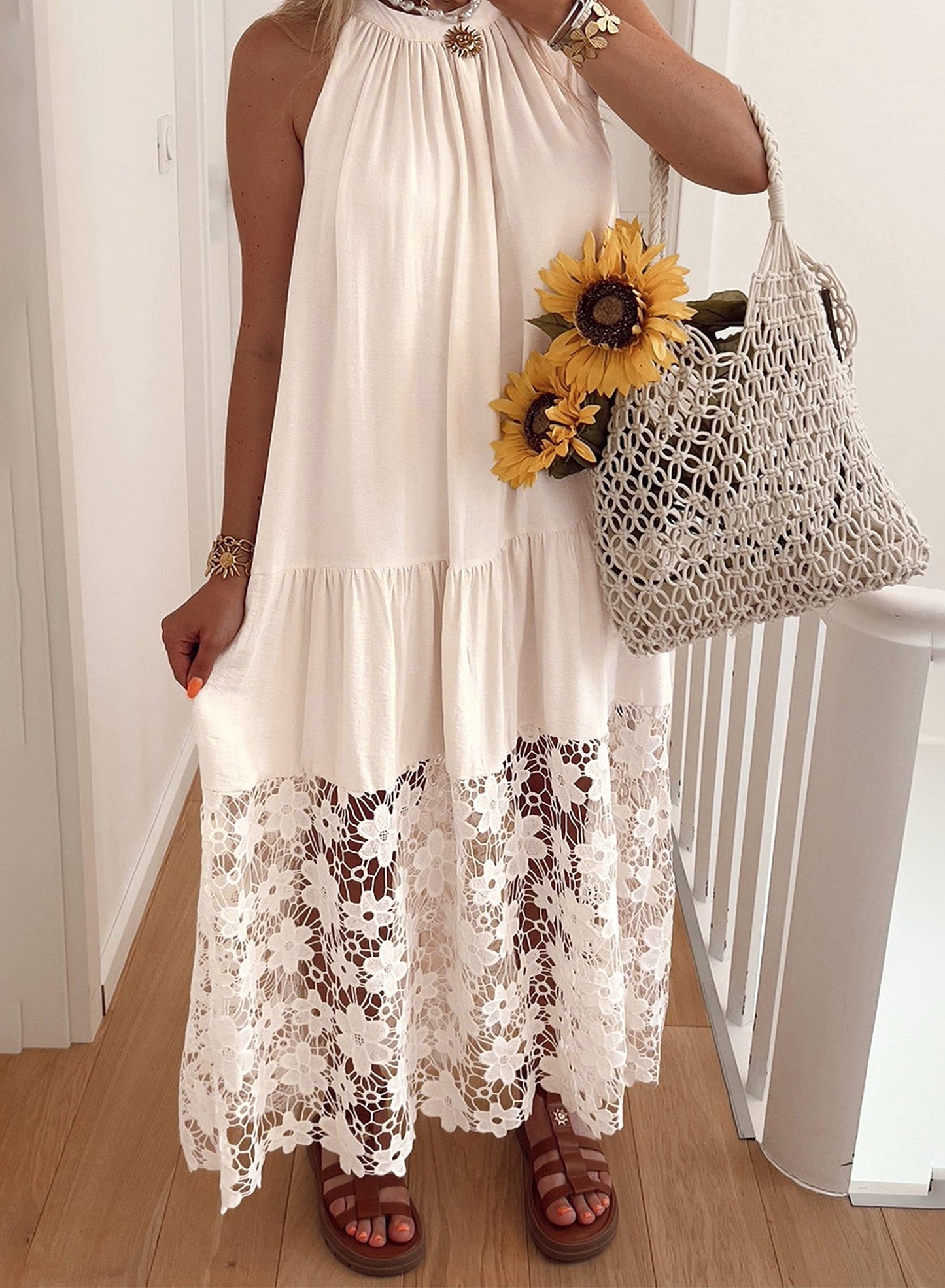 Beige Sheer Floral Lace Dress RTS