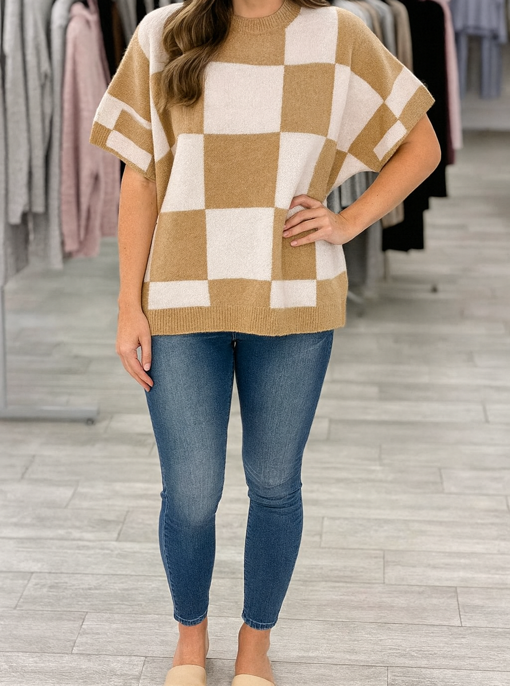 Beige Checkered Plus Sweater LT