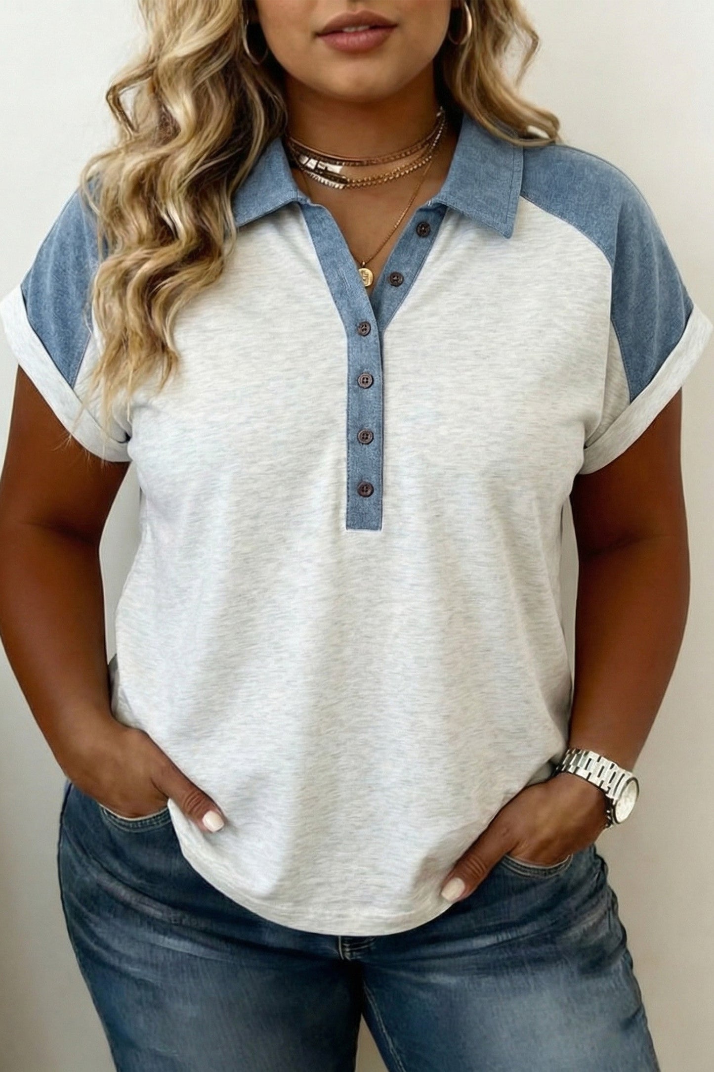Beige Plus Denim Polo Top LT