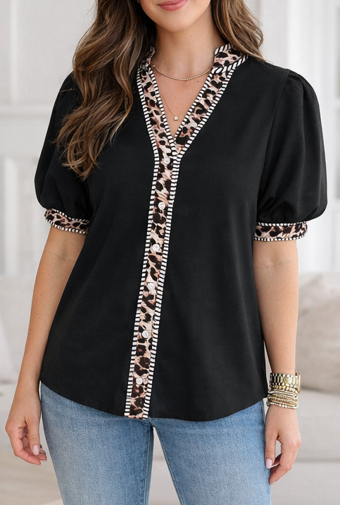 Black Leopard Trim V Neck LT