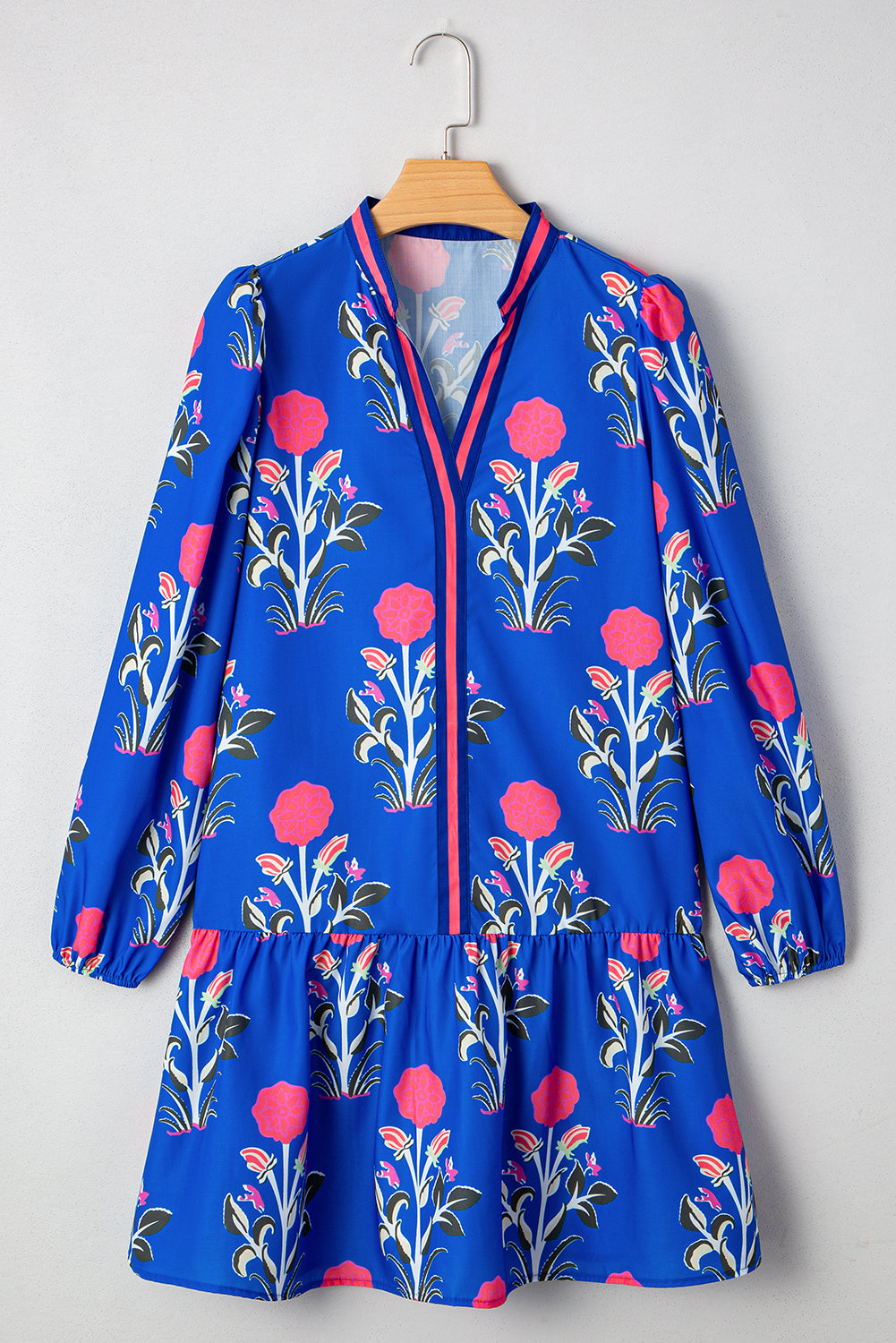 Blue Floral Notched Neck Dress LT