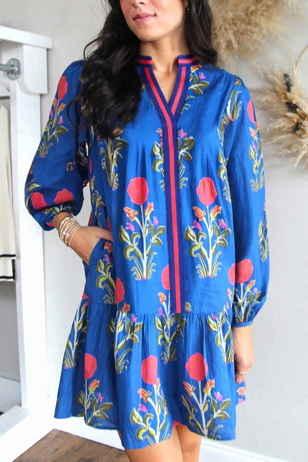 Blue Floral Notched Neck Dress LT