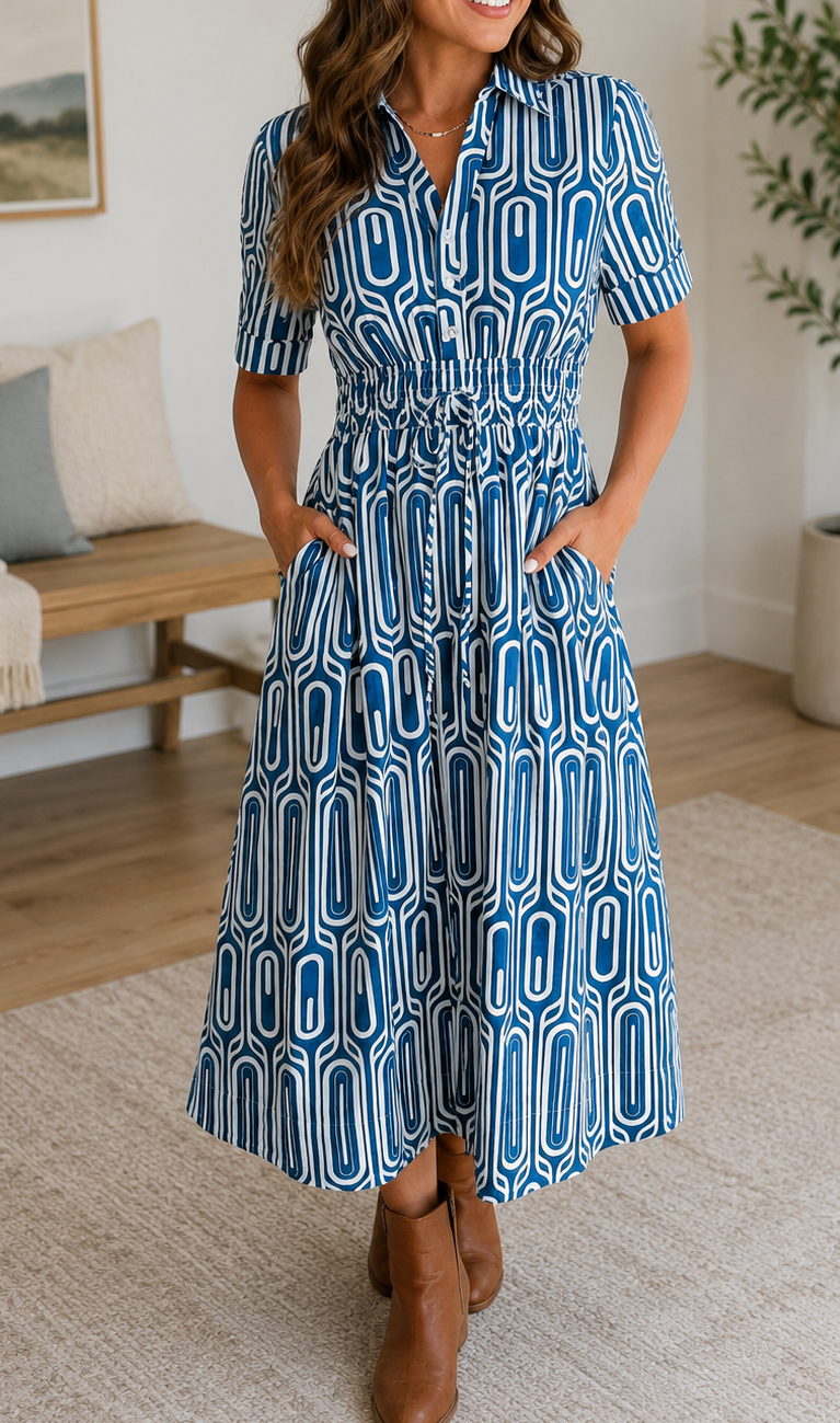 Blue Geometric Drawstring Dress