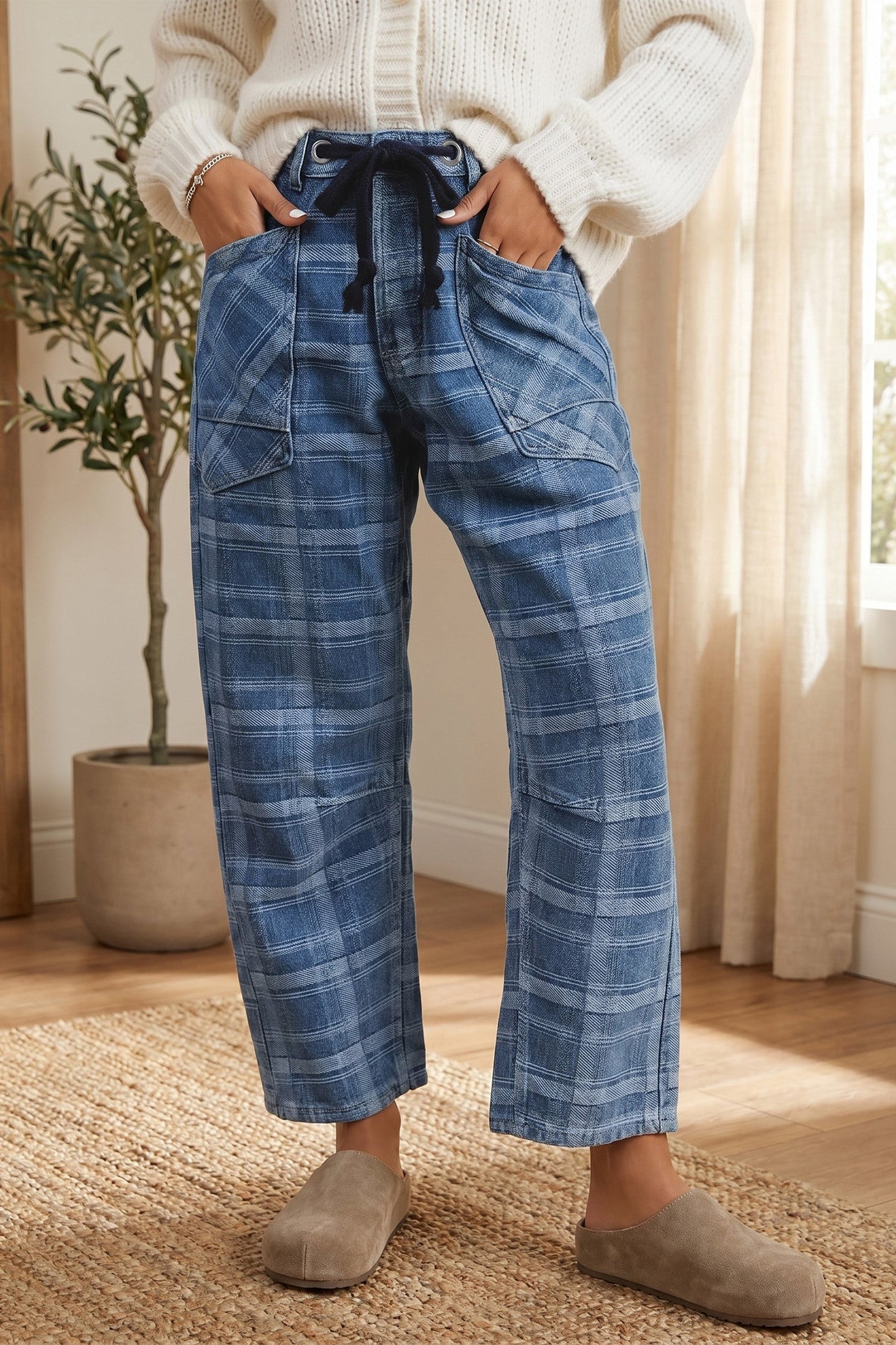 Blue Plaid Denim Jeans