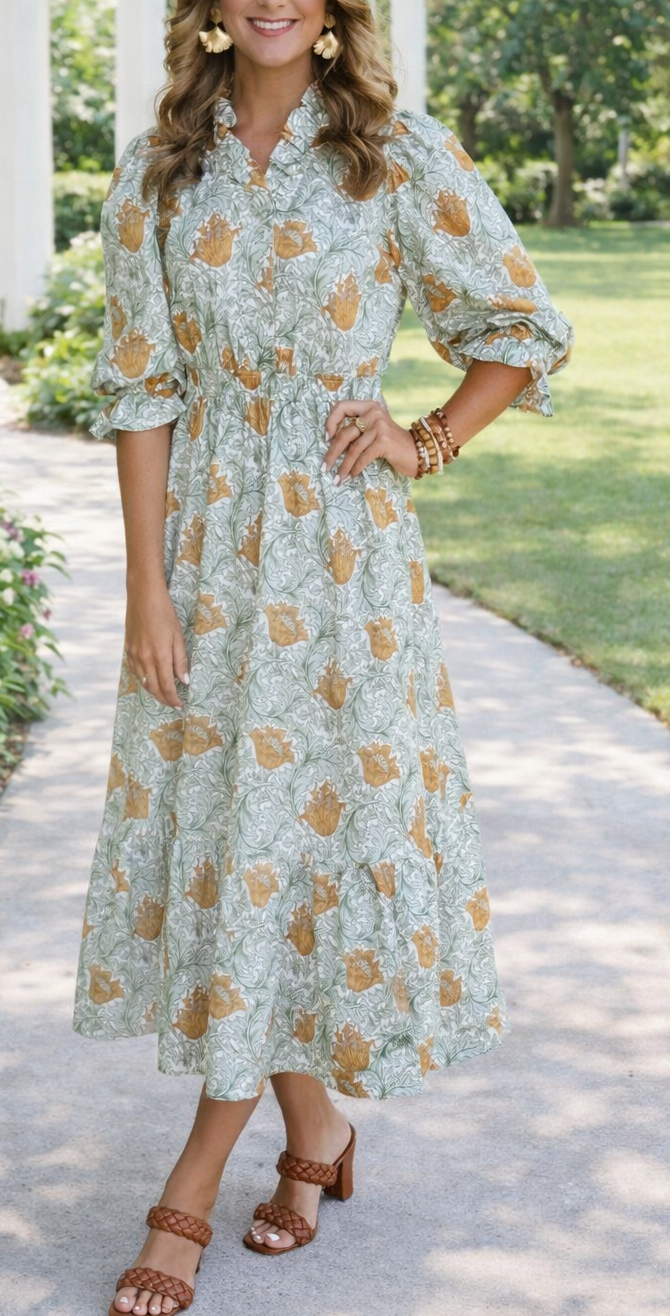 Brown Floral V Neck Dress LT