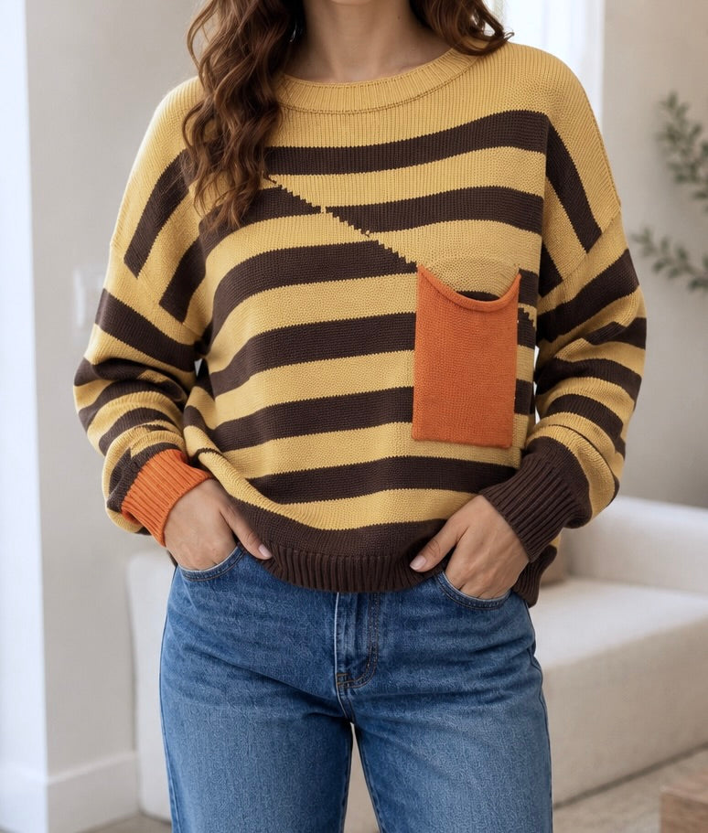 Brown Stripe Colorblock Sweater