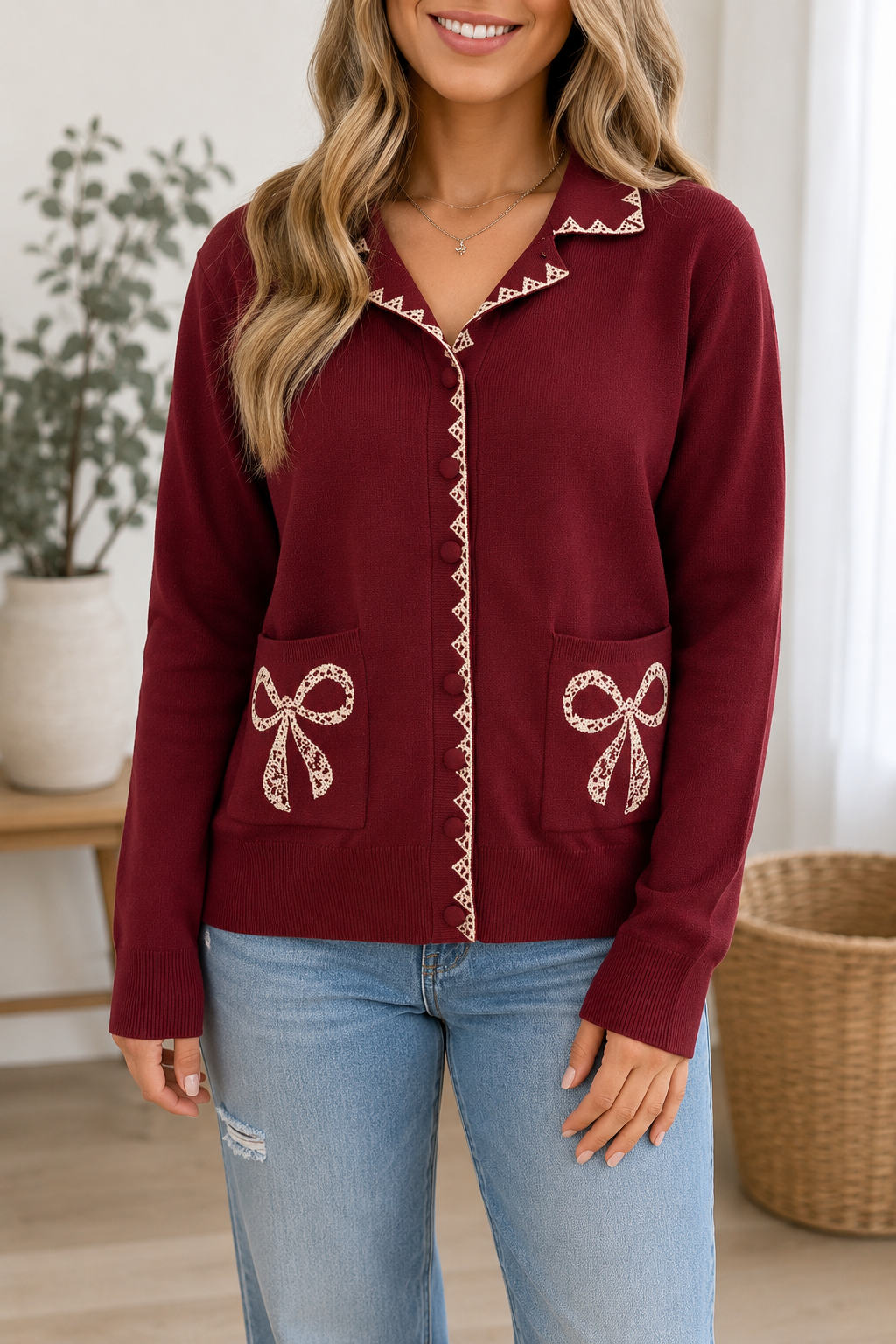 Burgundy Bow Pocket Cardigan
