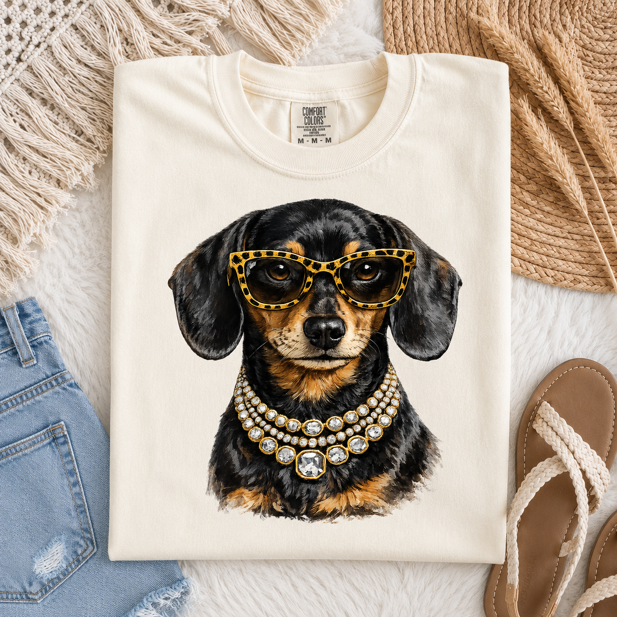 Rhinestone Necklace SH Black Dachshund Tee.