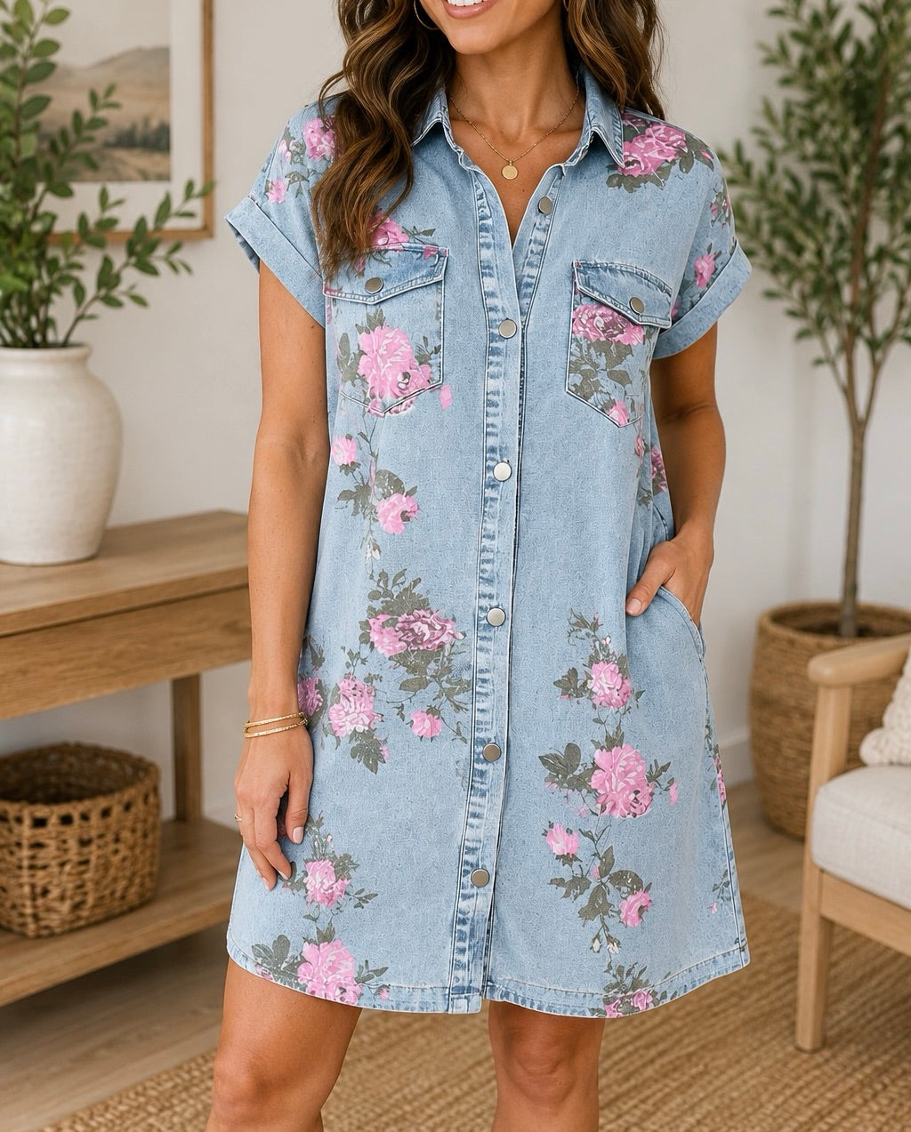Denim Floral Button Dress