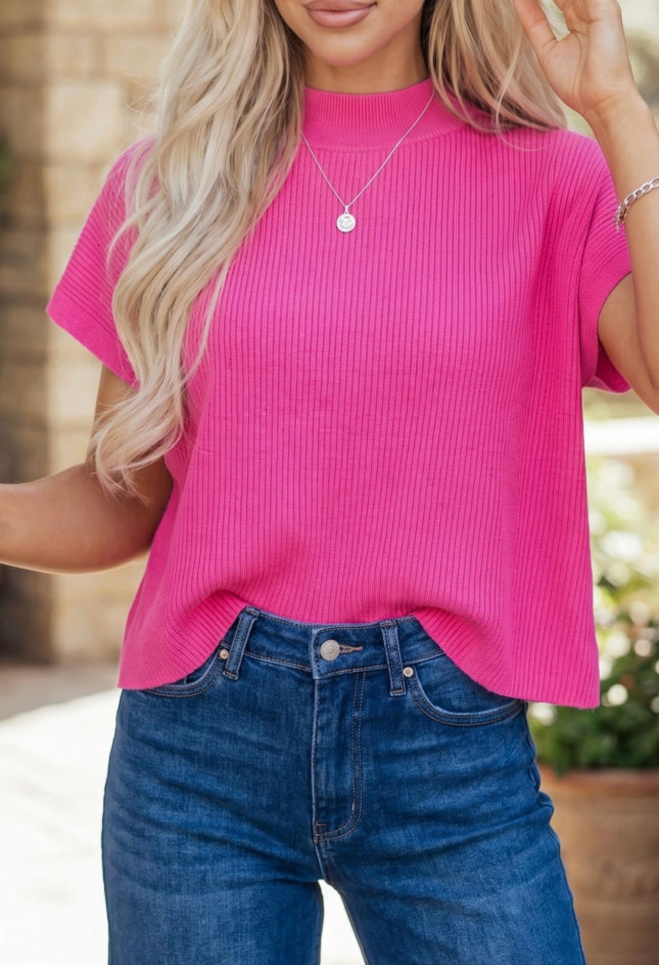 Pink Ribbed Mock Neck Sweater