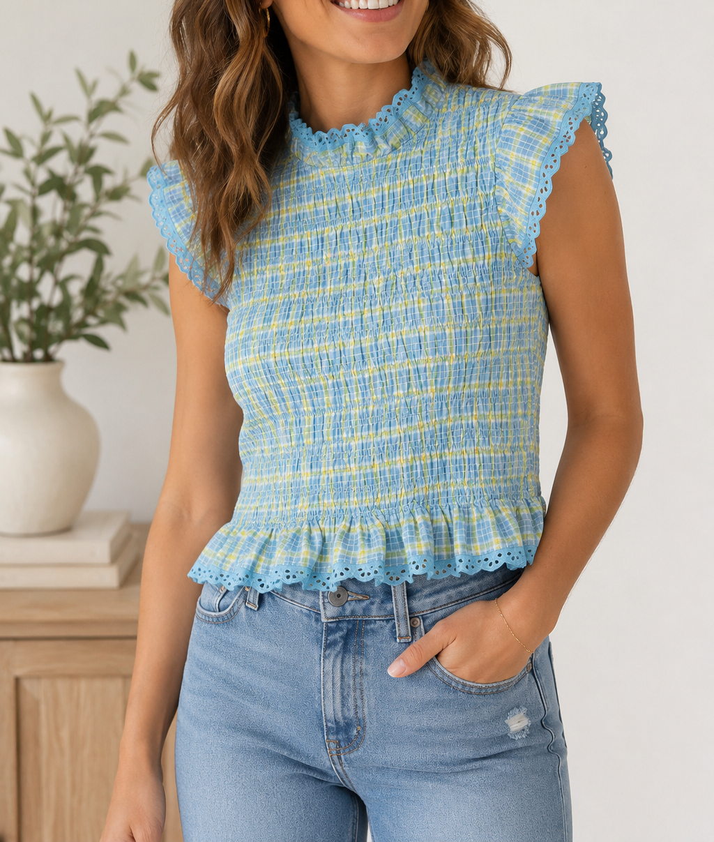 Gingham Lace Trim Top