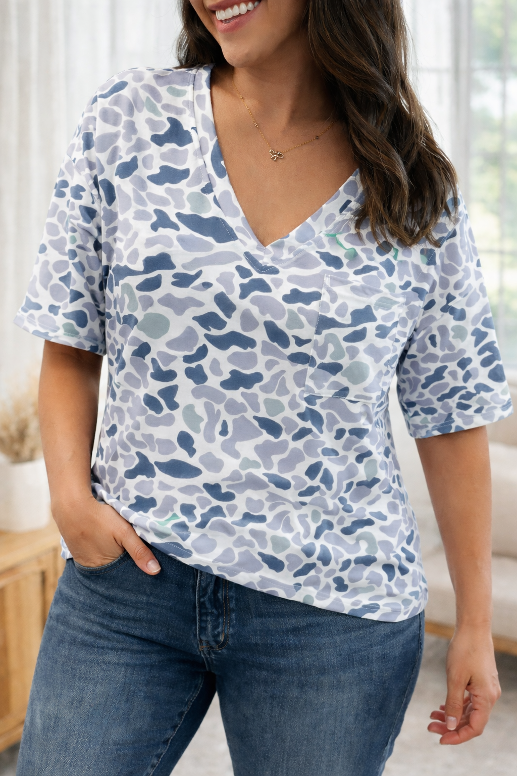 Gray Camo V Neck Top LT