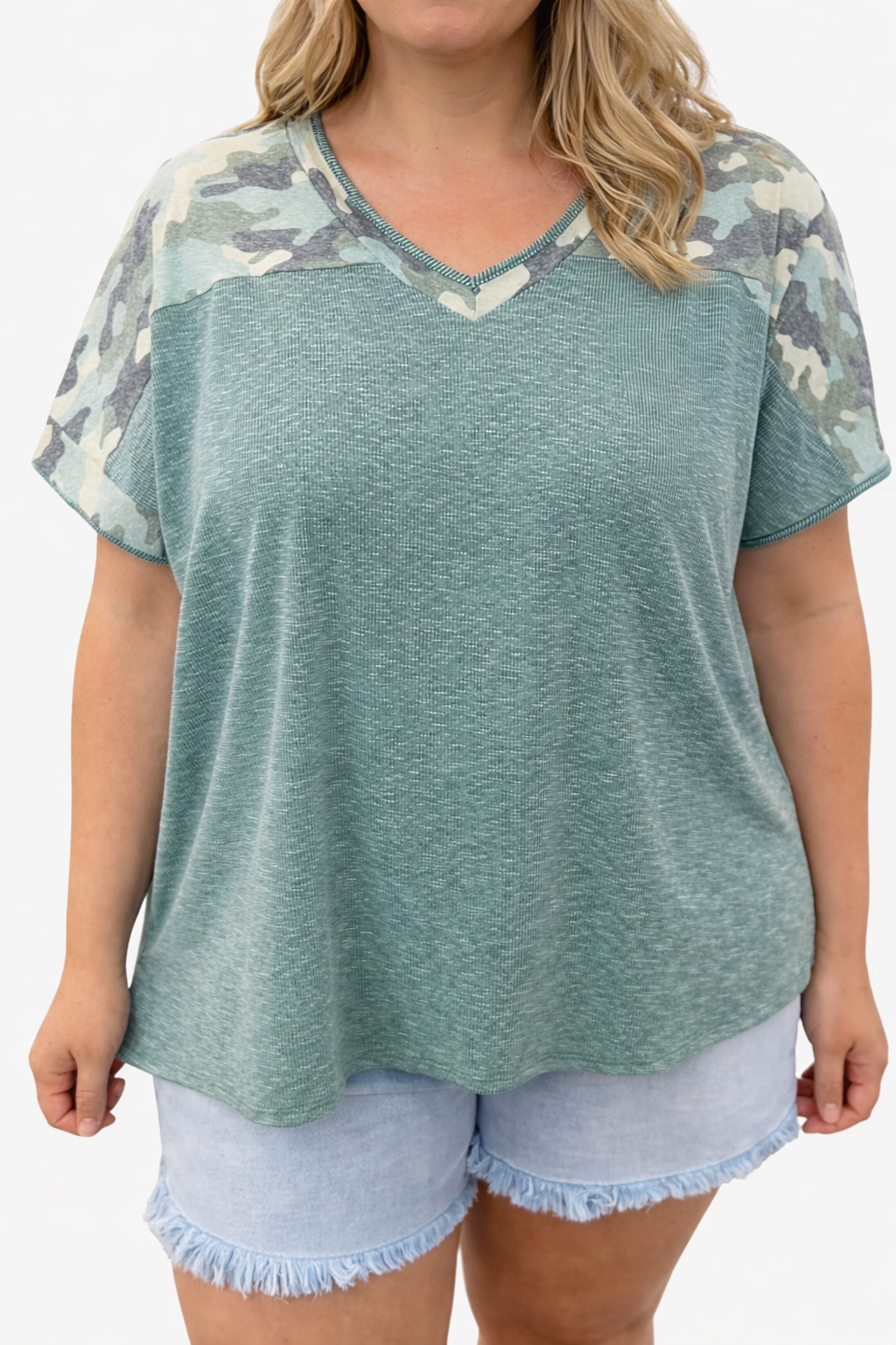 Green Ribbed Camo Neck Top LT