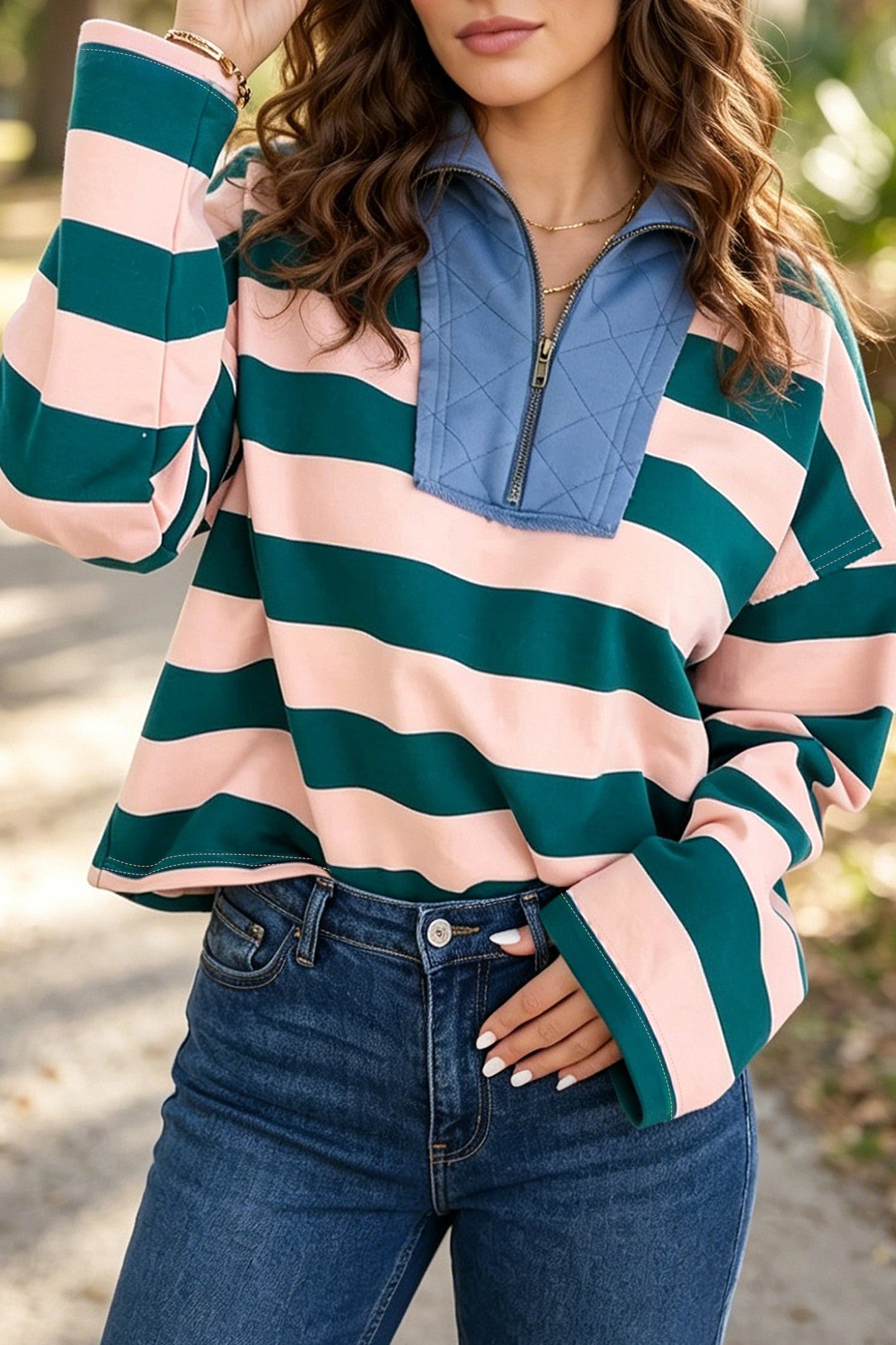 Green Stripe Quarter Zip Top