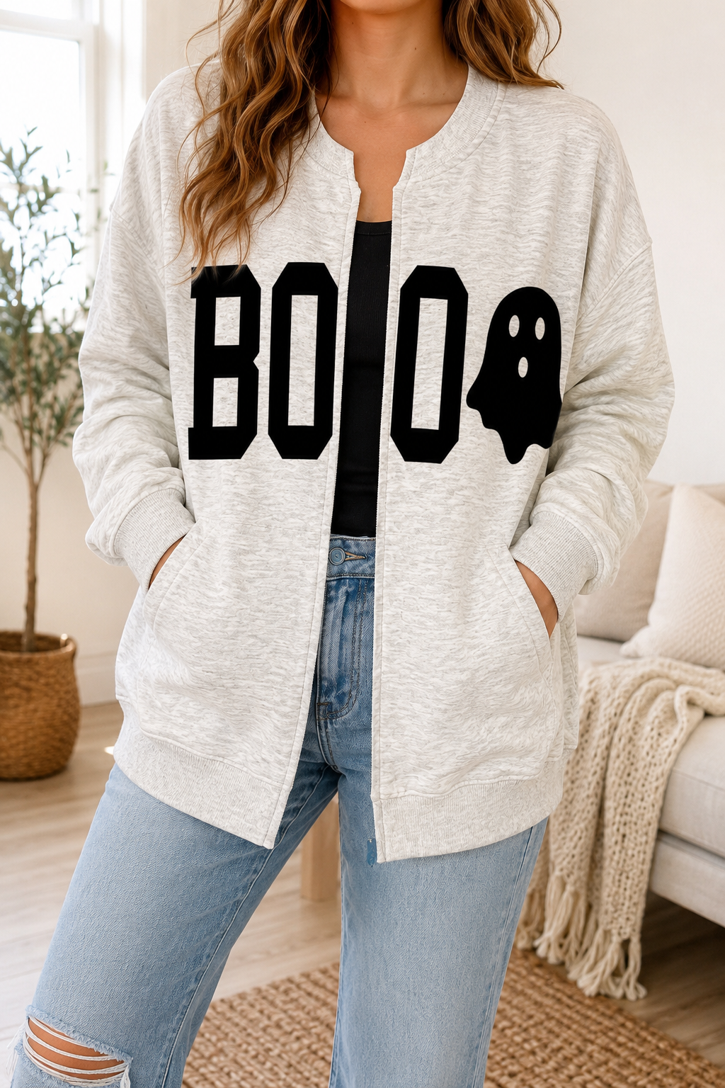 Grey BOO Open Front Sweatshirt