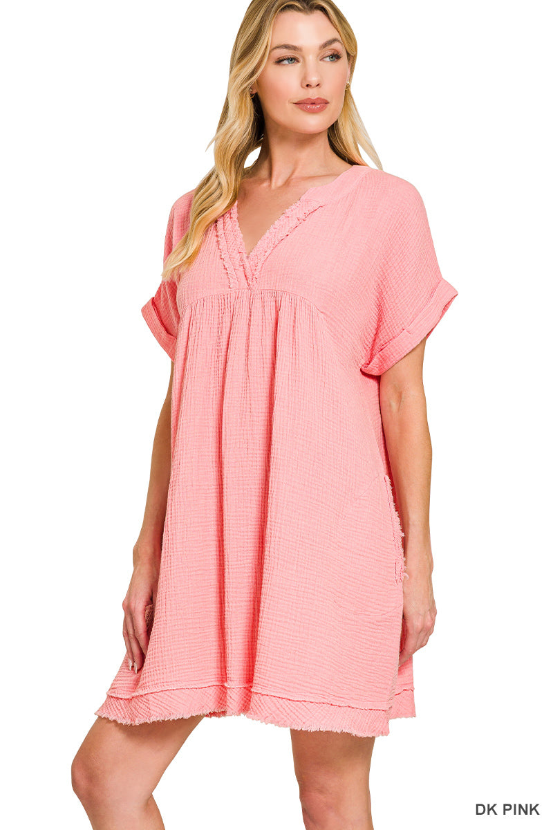 Zenana Double Gauze Raw Edge Dress New RTS