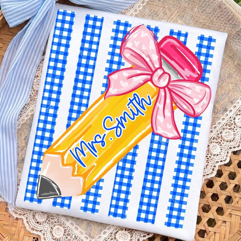 Custom Stripe Plaid Pencil Teacher Tee.