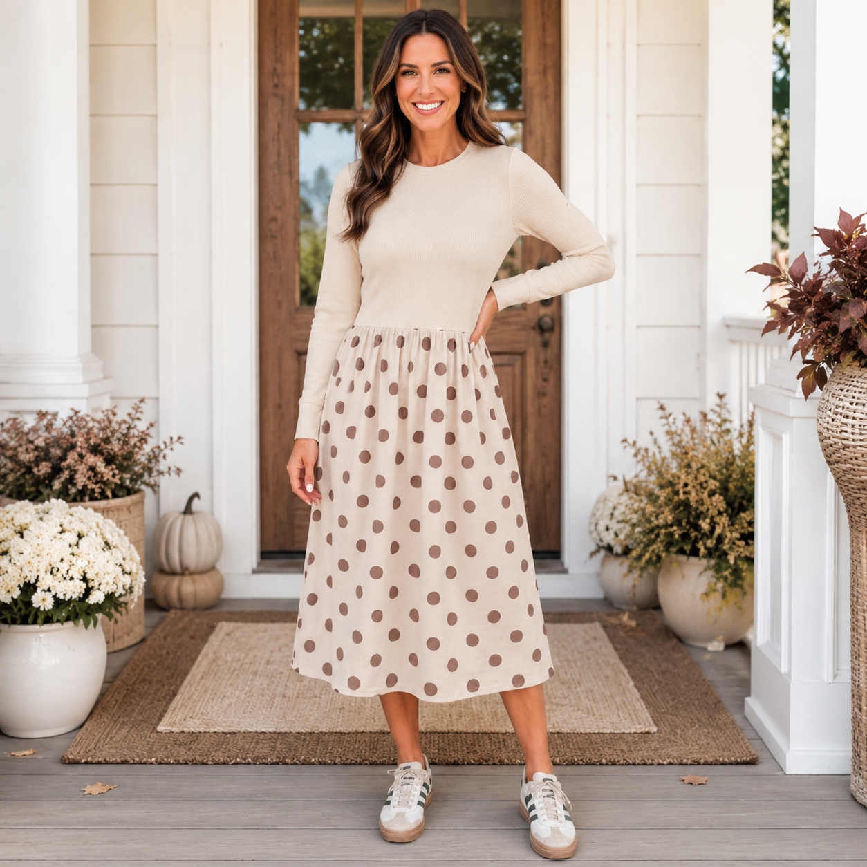 Beige Polka Dot Midi Dress