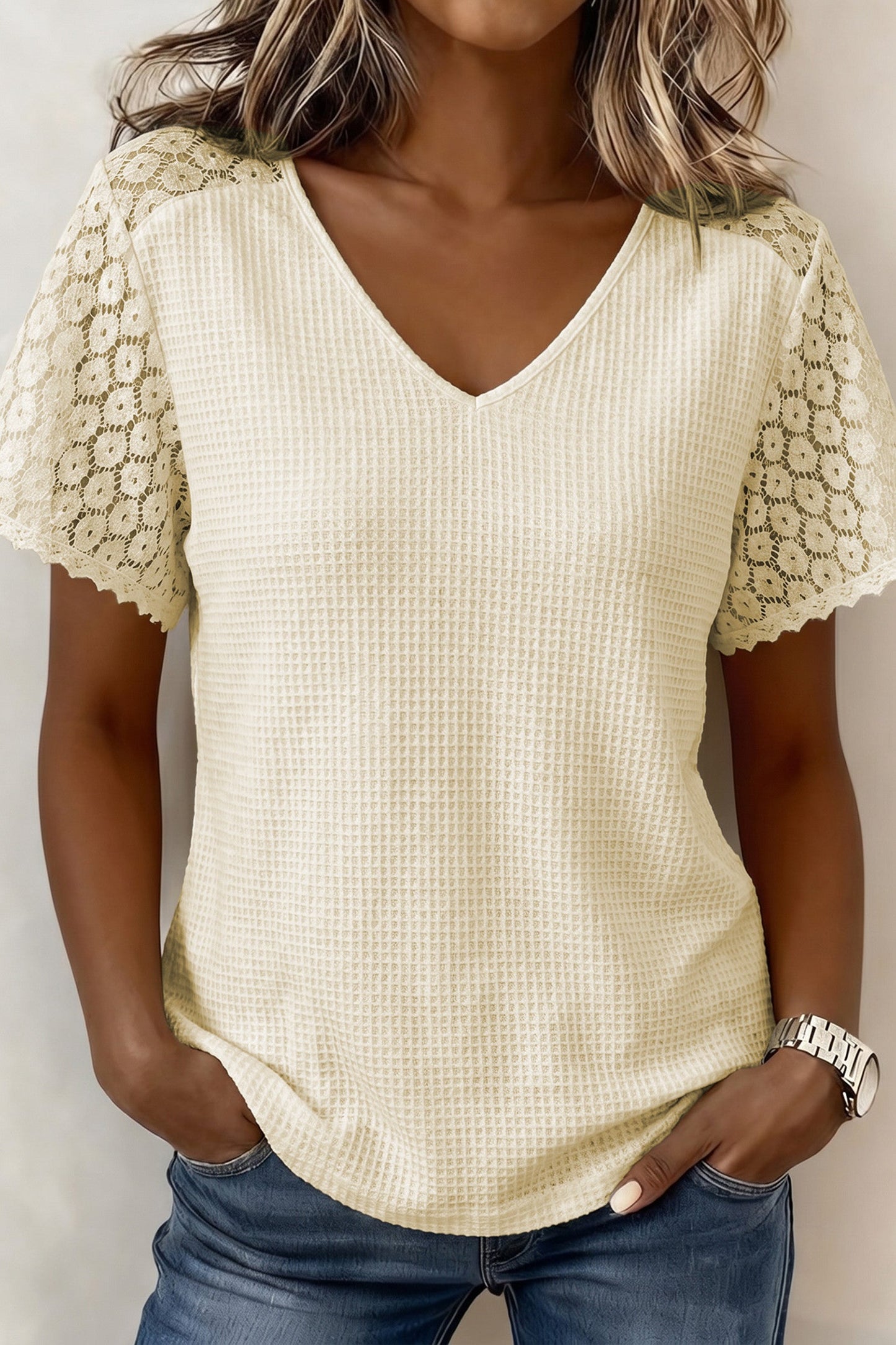 Lace Sleeve Waffle Knit Blouse