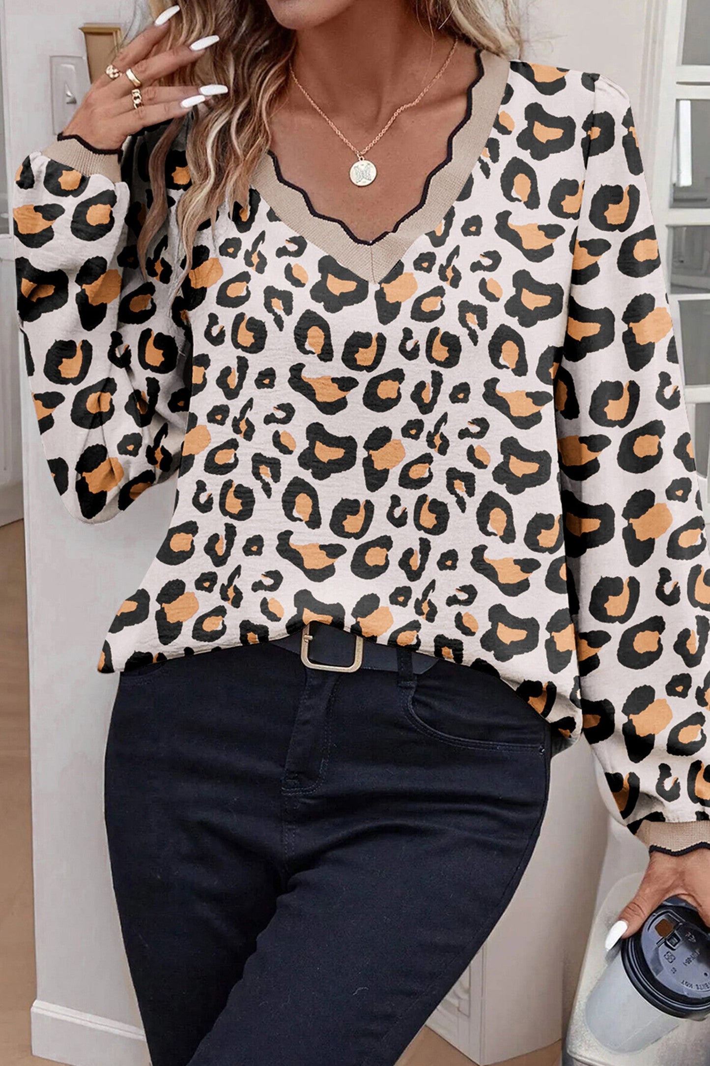 Leopard Scallop Neck Blouse LT