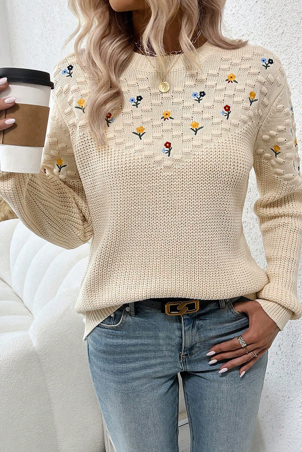 Mixed Texture Flower Sweater RTS