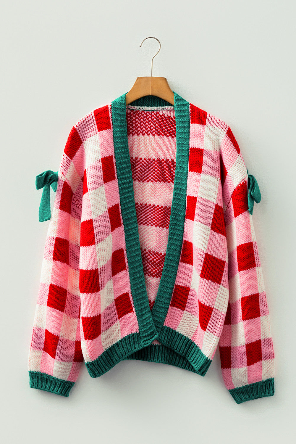 Pink Plaid Bowknot Cardigan