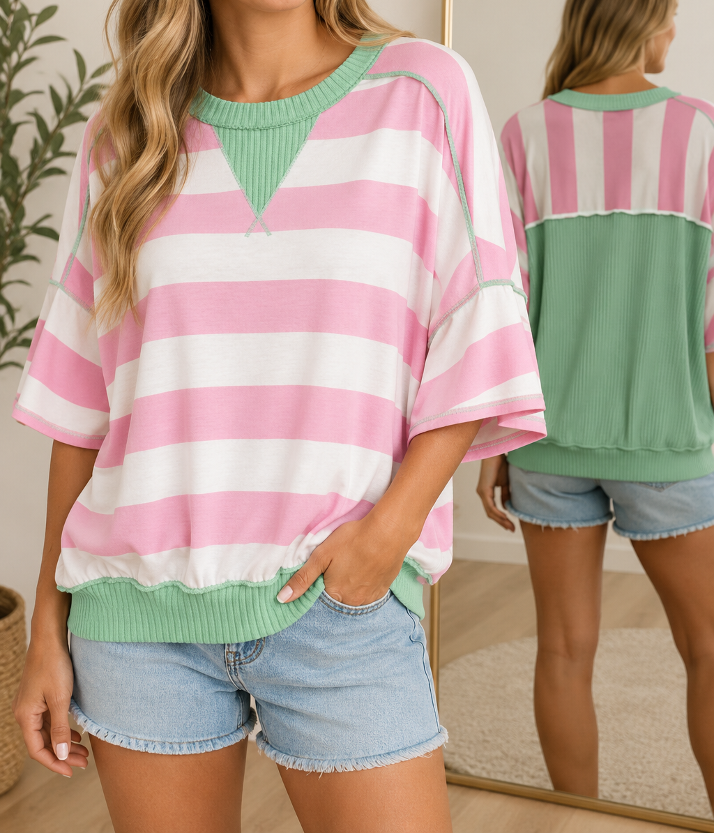 Pink Stripe Ribbed Top
