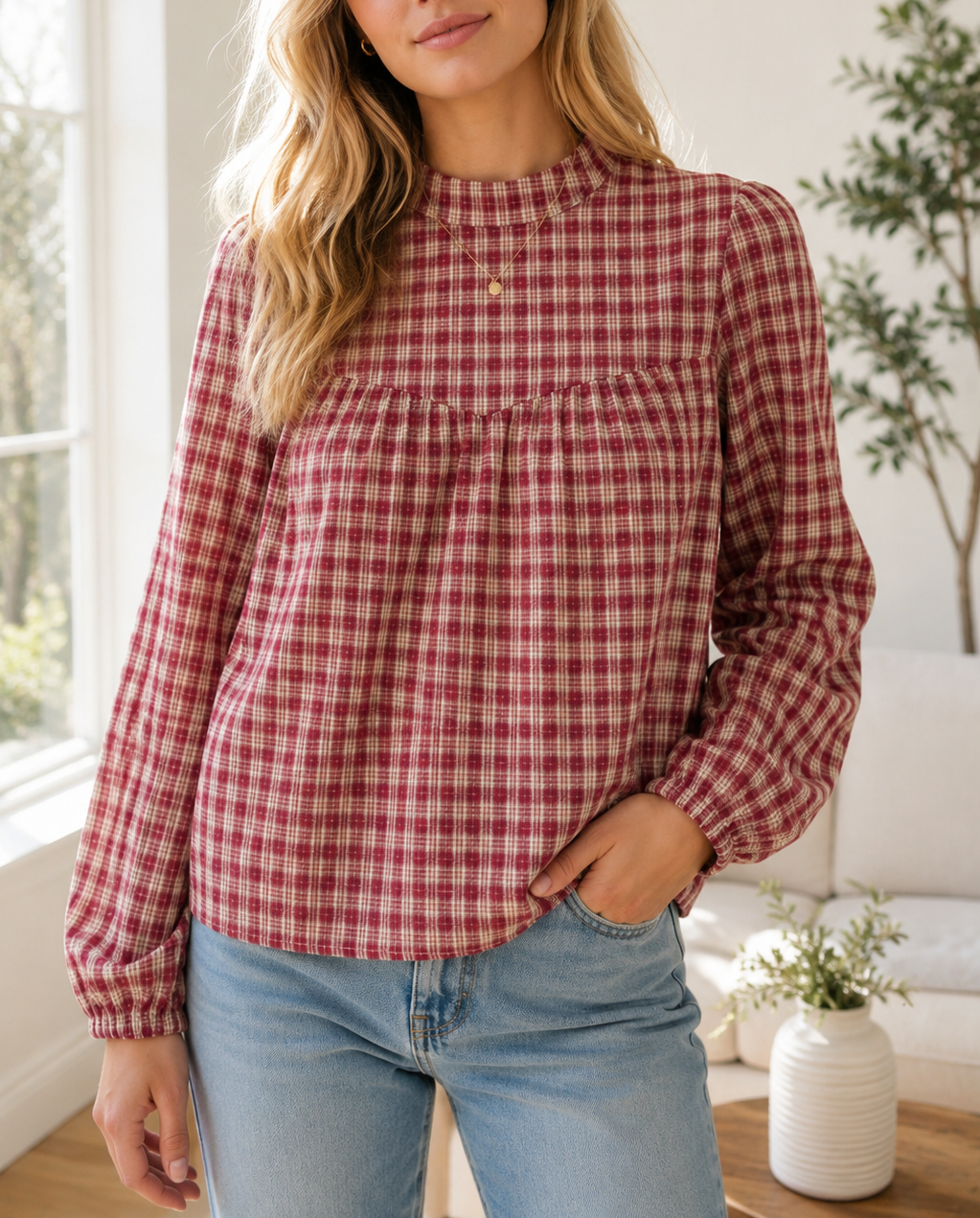 Plaid Keyhole Pleated Blouse