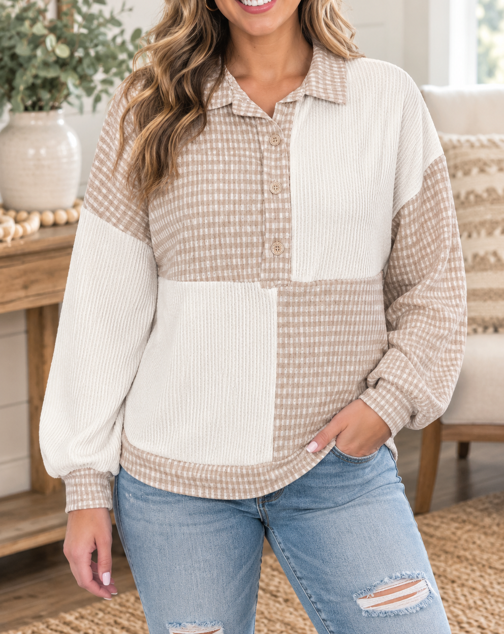 Plaid Patchwork Plus Blouse