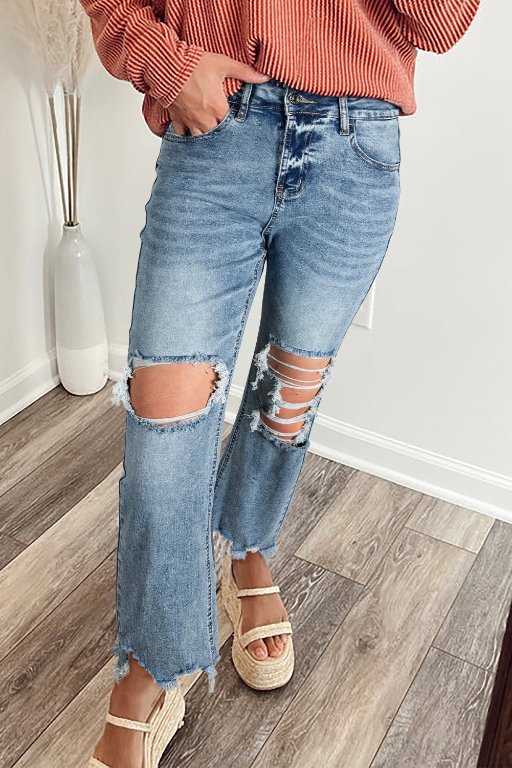 Raw Hem Ripped Flare Jeans LT