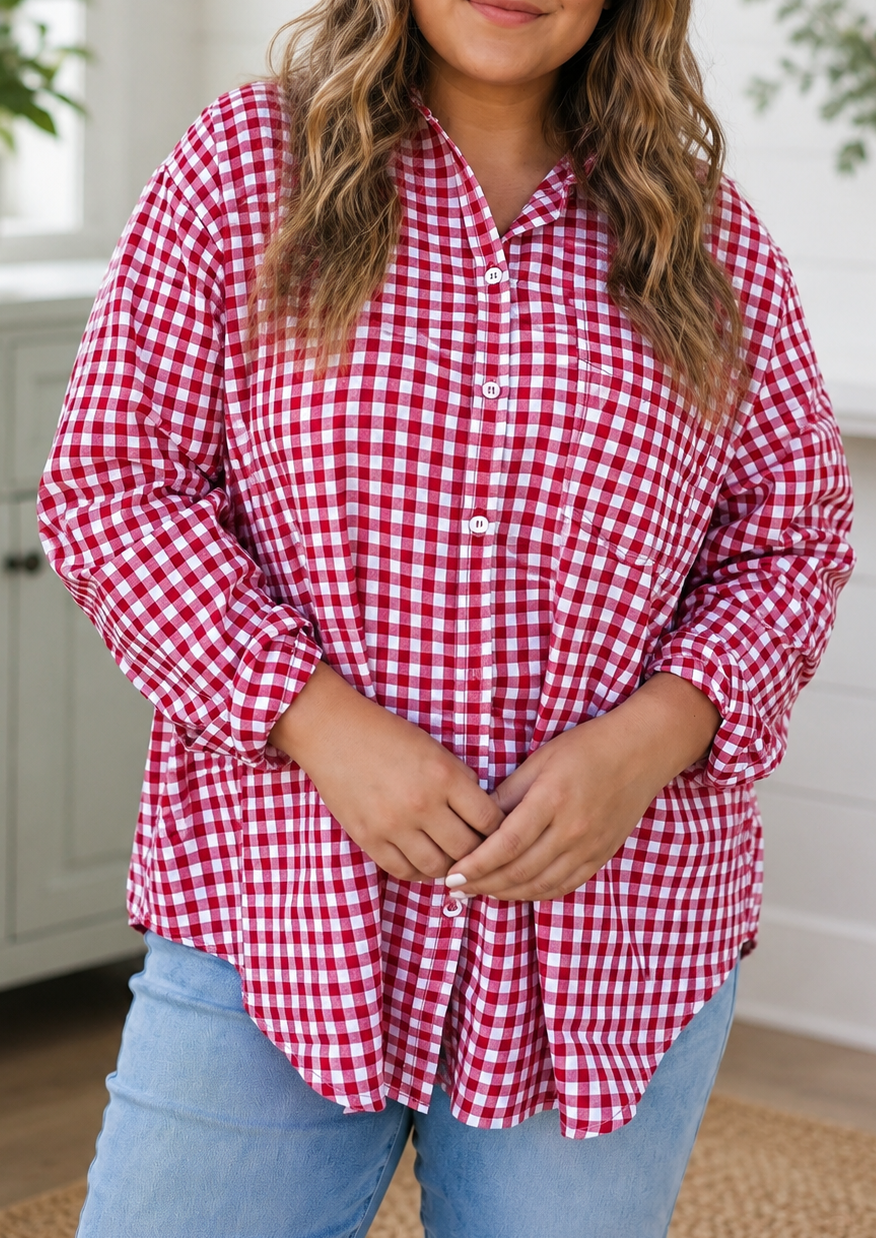 Red Plaid Plus Button Shirt