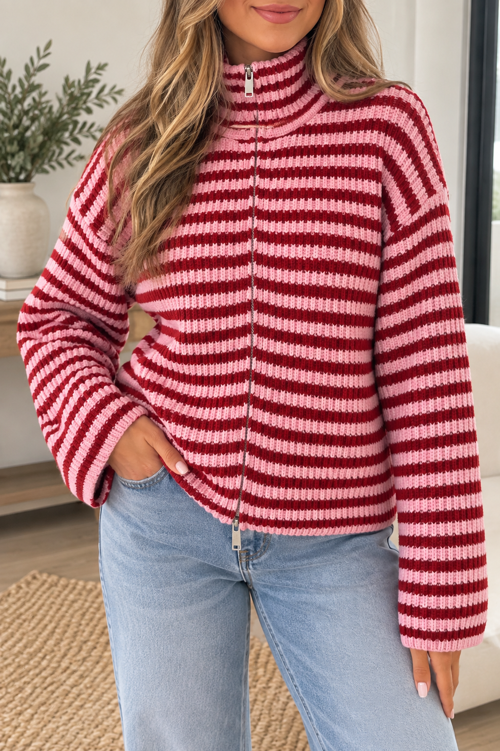 Red Stripe Zip Cardigan
