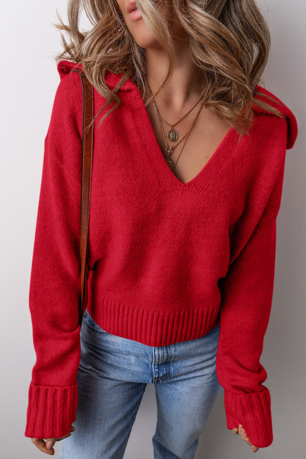 Red V Neck Ribbed Sweater RTS