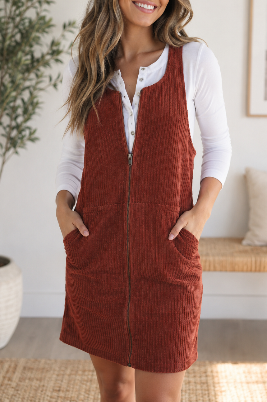 Ribbed Corduroy Zip Dress