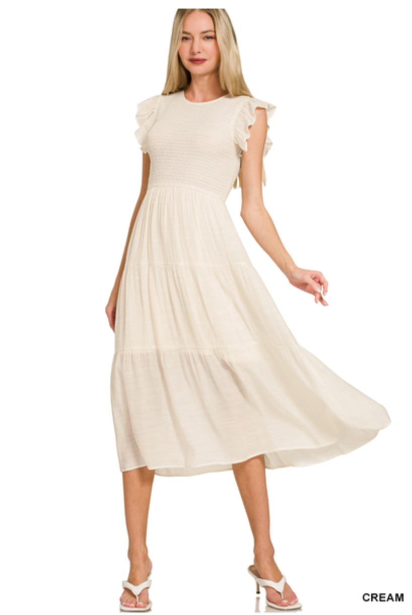 Woven Smocked Ruffle Sleeve Midi Dress Zenana