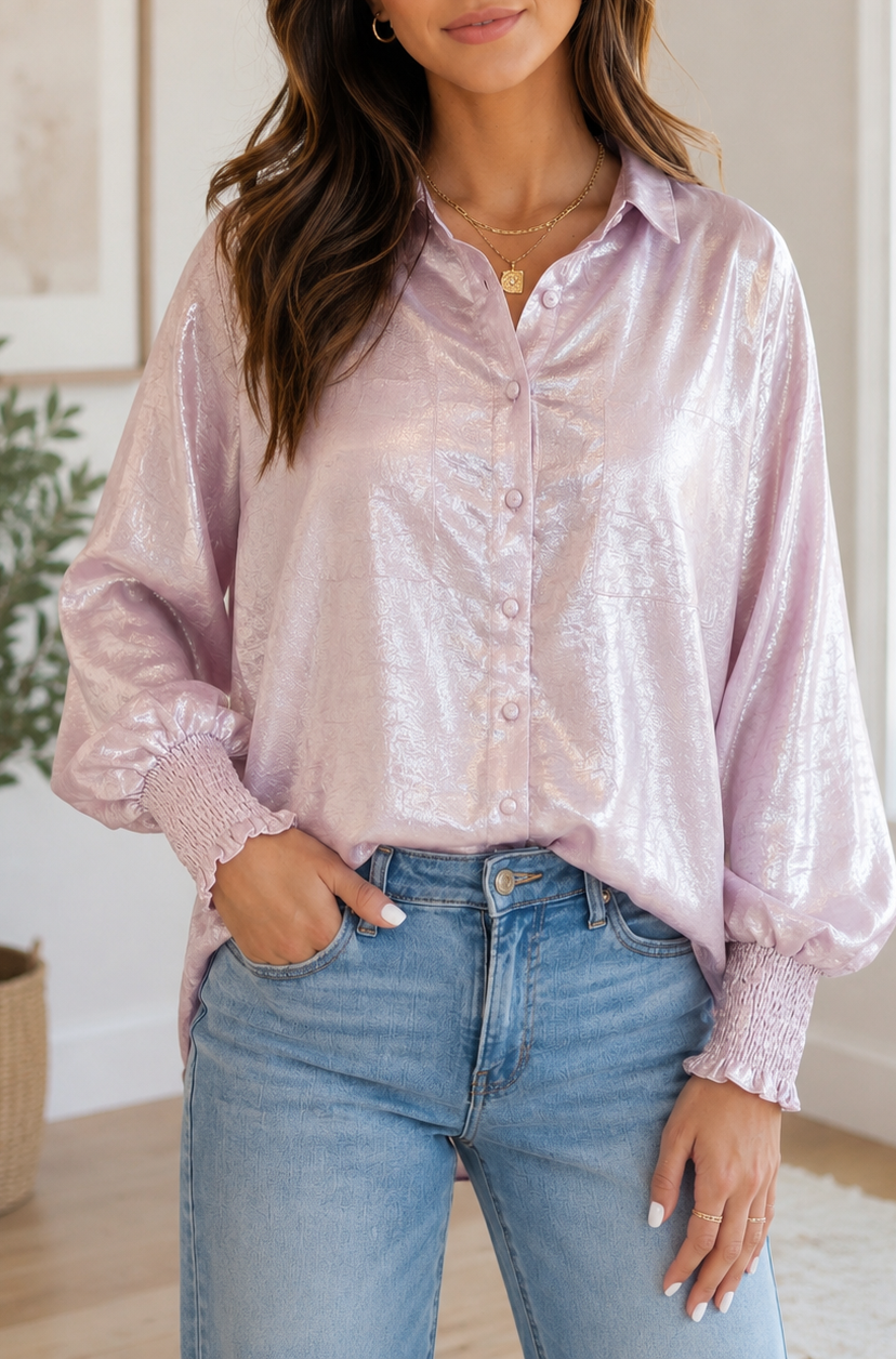 Shiny Ruffle Cuff Button Shirt