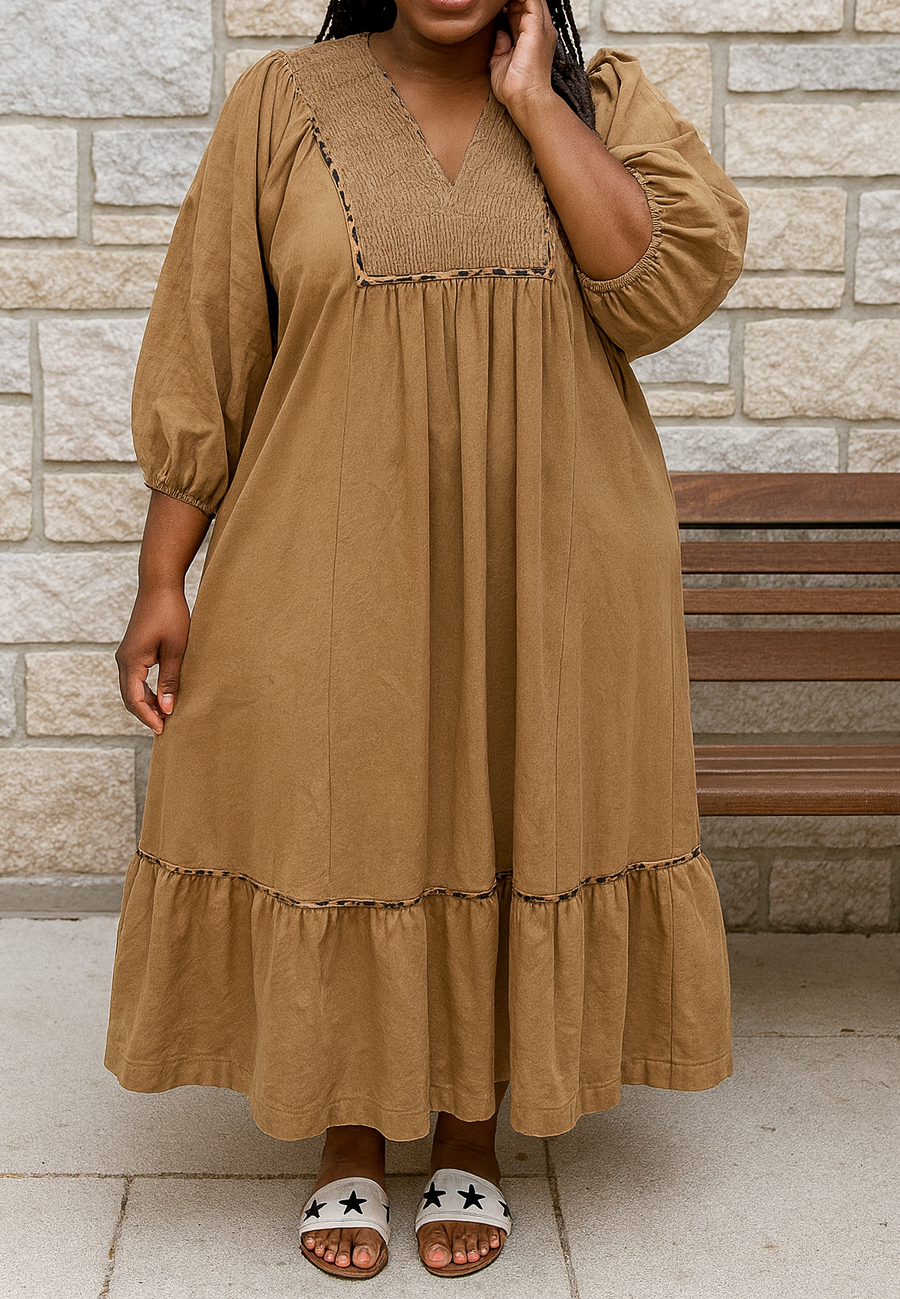 Smocked Leopard Trim Plus Dress LT