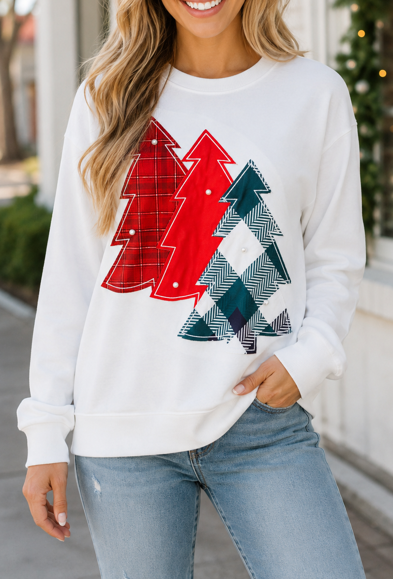 White Pearl Plaid Tree Sweatshirt