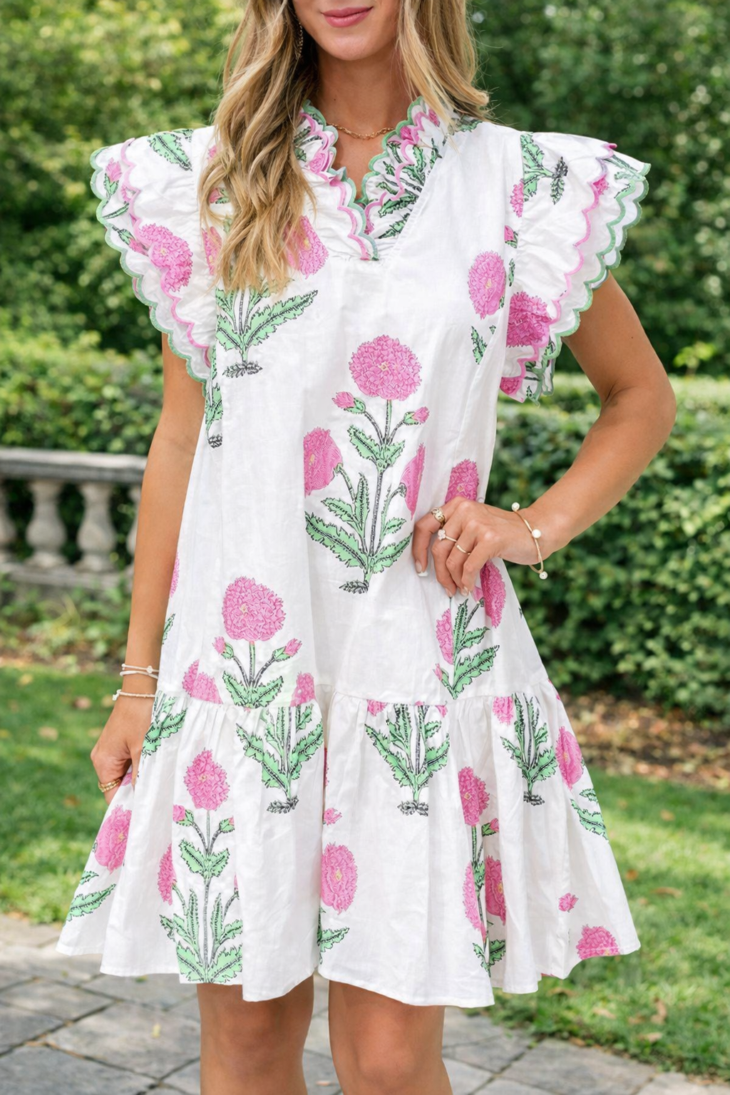 White Flower Embroidered Scallop Dress