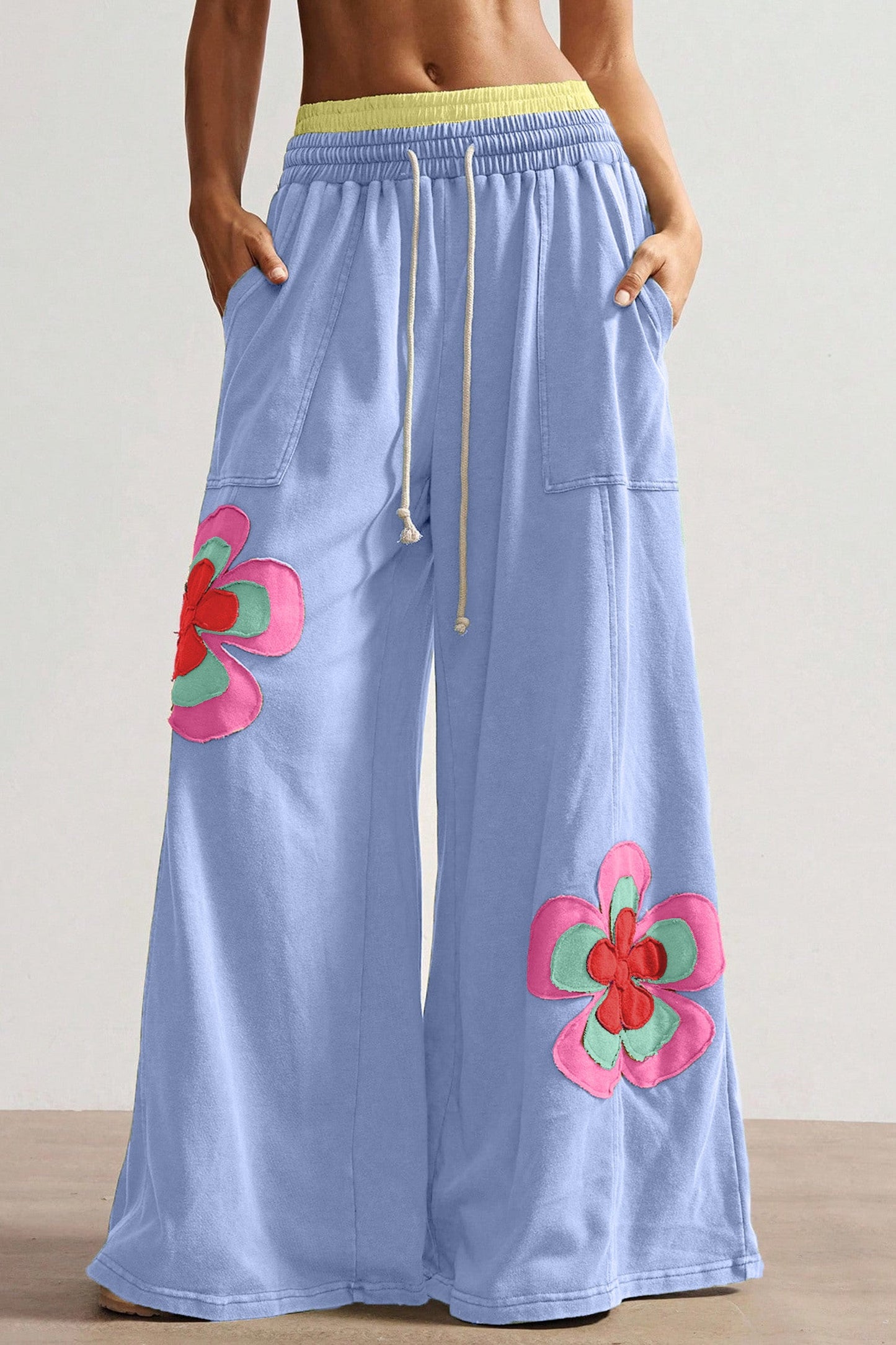 Colorblock Flower Patchwork Elastic Pants