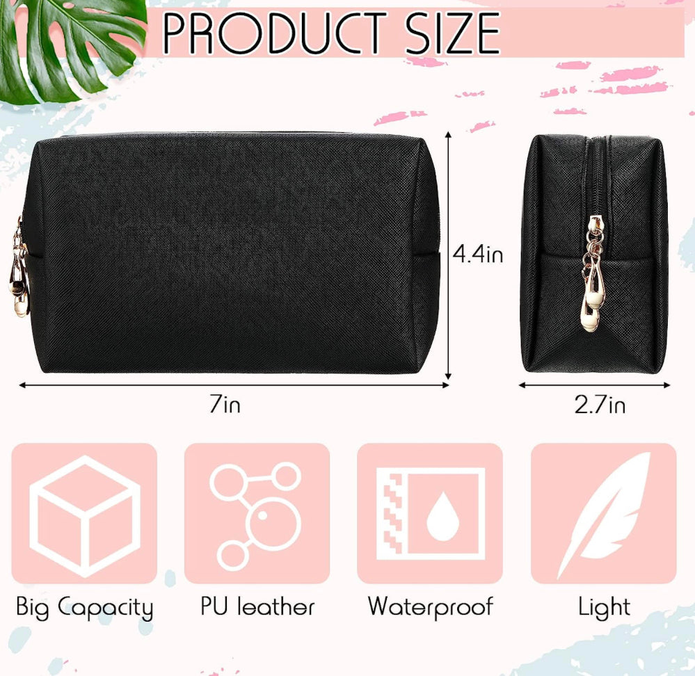 Preppy Makeup Bag Leather Zipper Cosmetic Bag Water Resistant Versatile Makeup Pouch Travel Cosmetic Organizer Portable Toiletry Bag Daily Storage Beauty Bag