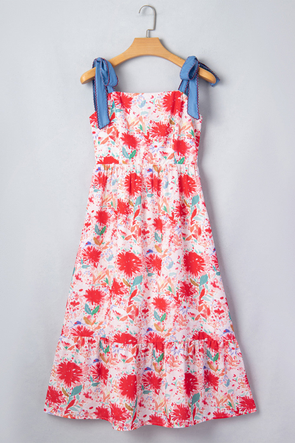 Red Floral Denim Knot Dress