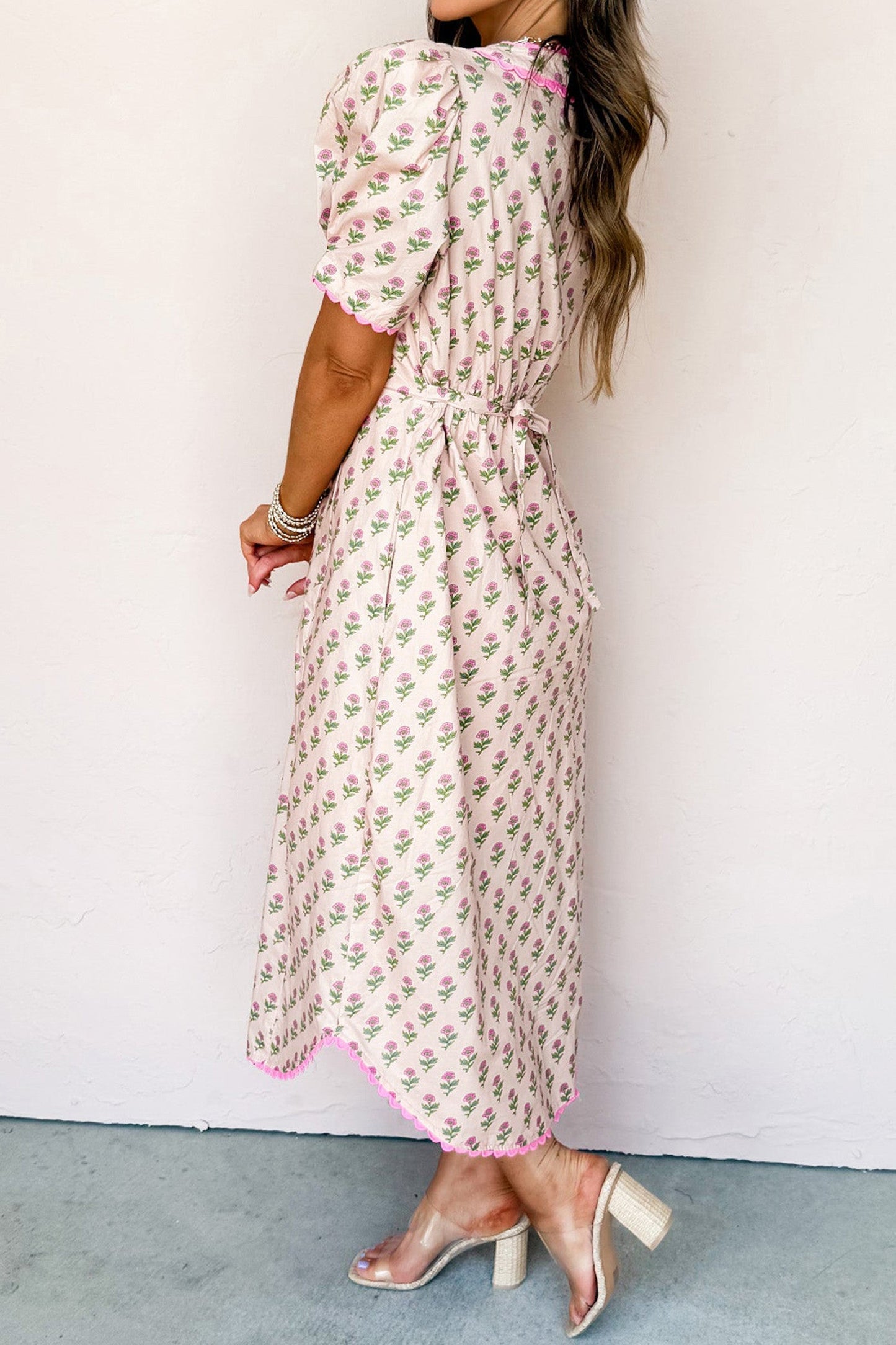 Pink Floral Scallop Trim Long Dress LT