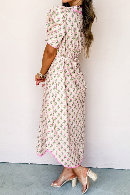 Pink Floral Scallop Trim Long Dress LT